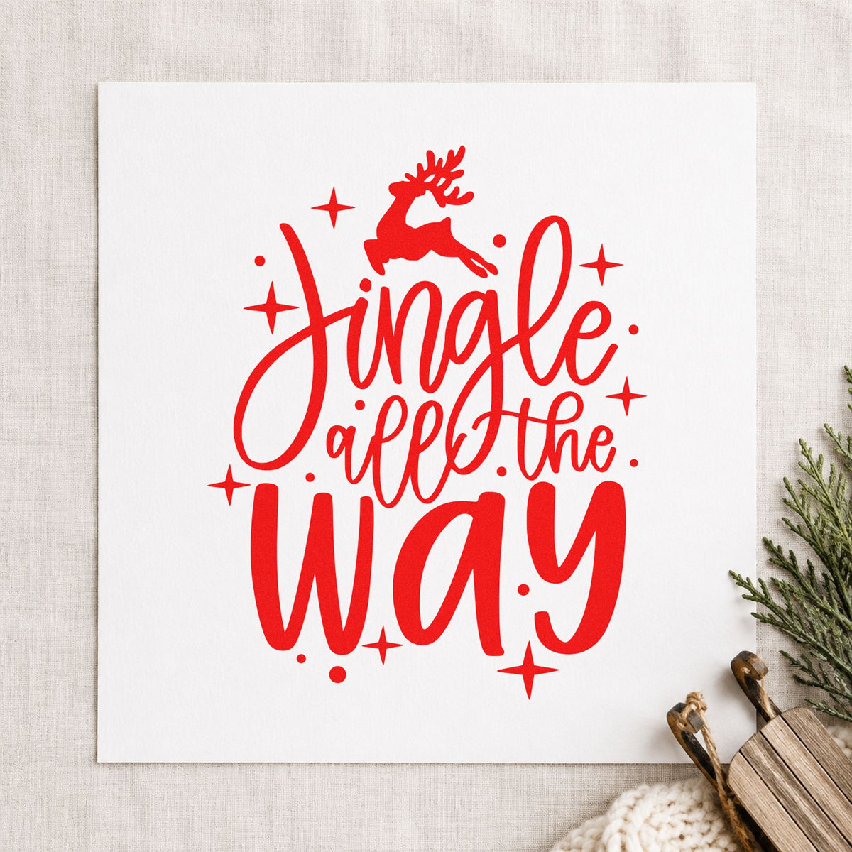 Jingle All The Way Reindeer rubber stamp shown in red ink, stamped for projects such as snack cup seals.