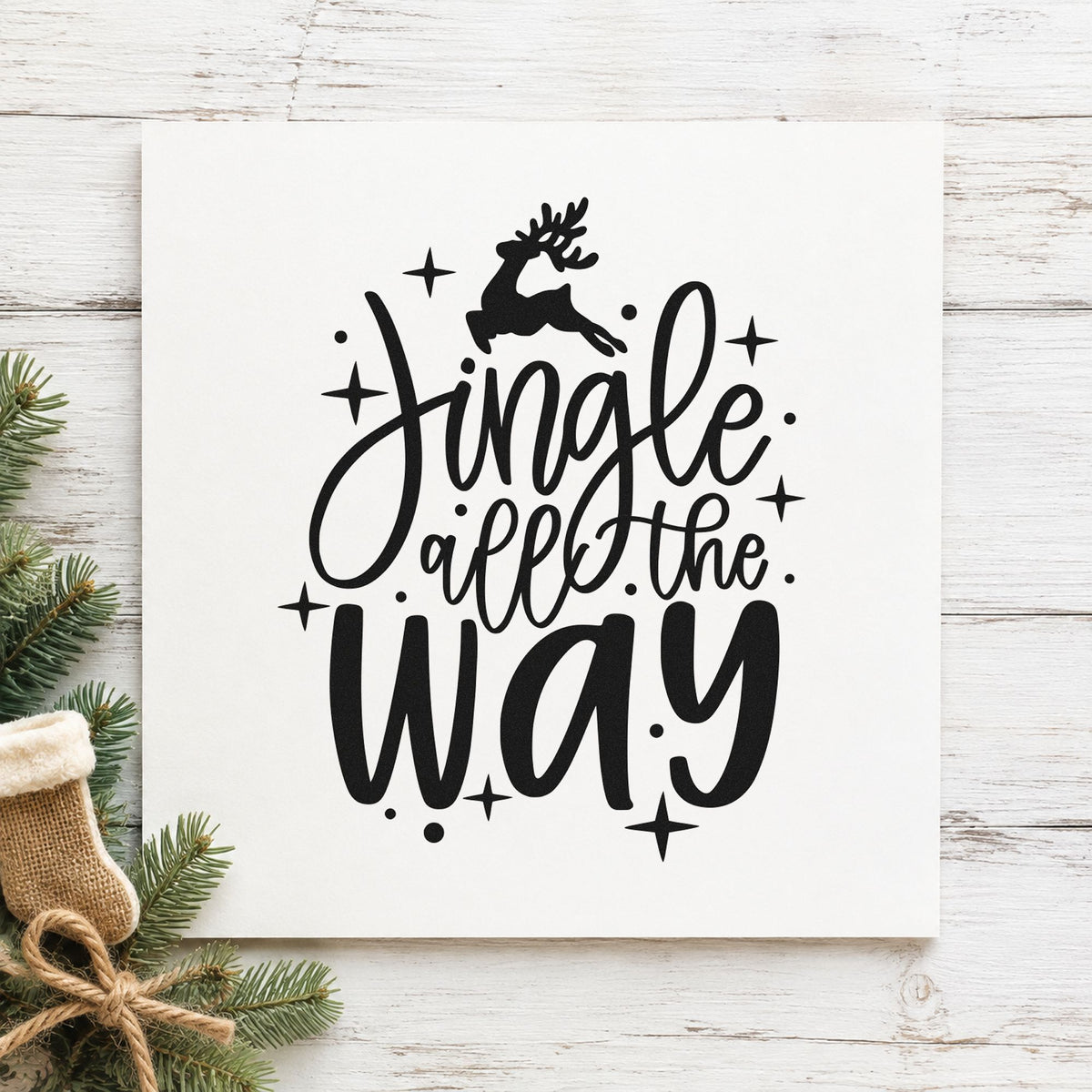 Jingle All The Way Reindeer rubber stamp printed in black ink, ready for leaping reindeer cards and similar paper crafts.