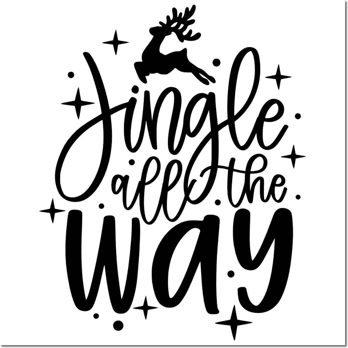Black holiday stamp and seal design reading Jingle All the Way with reindeer silhouette, stars, and dots.