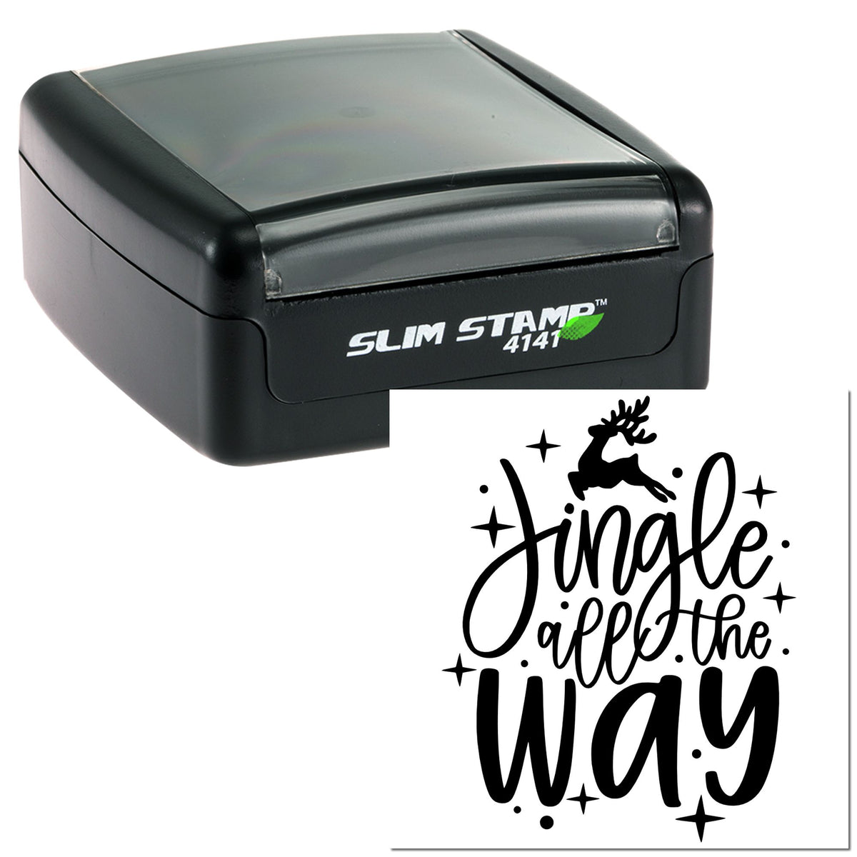 Black Slim Stamp 4141 self-inking stamp with gray top and a black Jingle all the way reindeer holiday seal design.