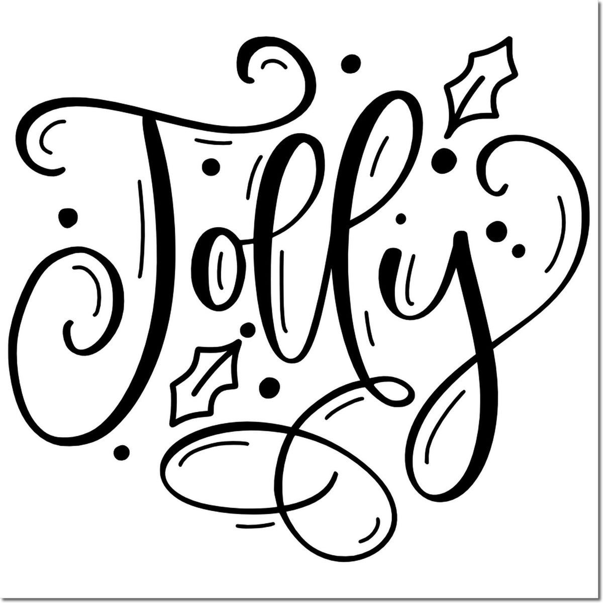 Black decorative Jolly stamp and seal design with swirls, dots, and holly accents on a white background.