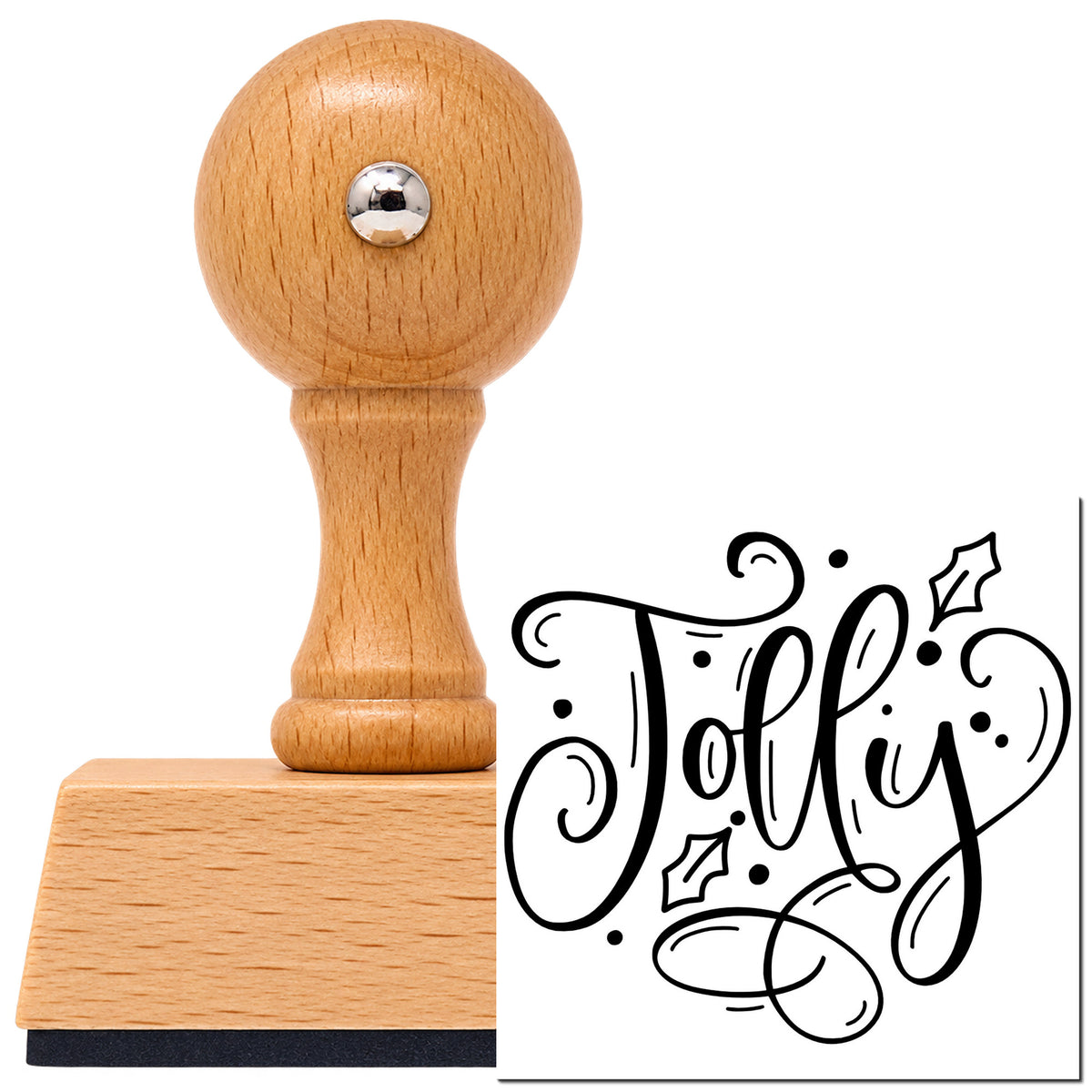 Vintage Pro beech wood stamp with a round knob handle, shown with its black Jolly With Holly Leaf Accents imprint on white.