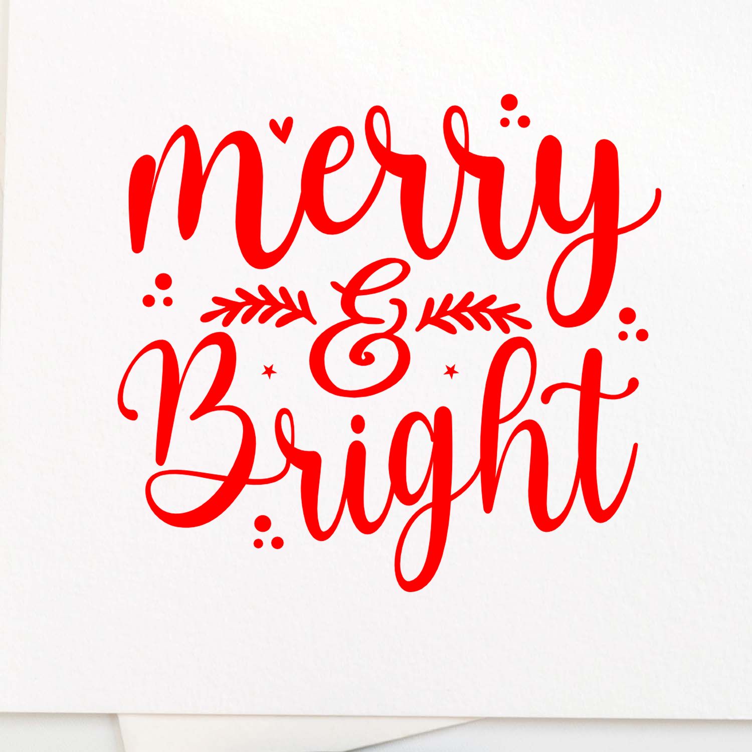 Red Merry & Bright holiday stamp and seal design with script lettering, hearts, dots, and leaf accents on white.