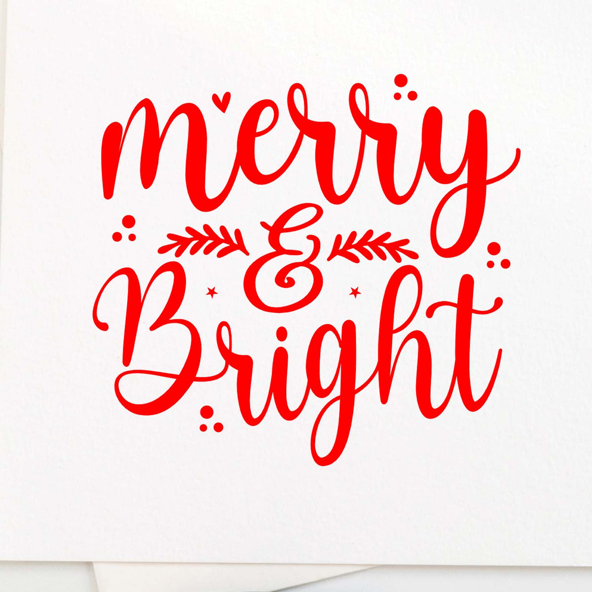 Red Merry & Bright holiday stamp and seal design with decorative script, hearts, and flourishes on white.