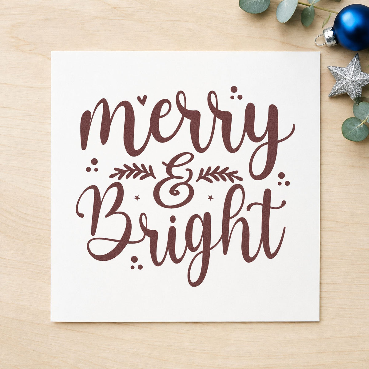 Merry And Bright Leaves rubber stamp printed in brown ink, ready for weekly planner header and similar paper crafts.