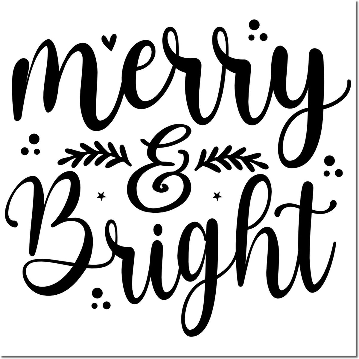 Black Merry & Bright holiday stamp and seal in script with leafy accents, stars, and dots on white.