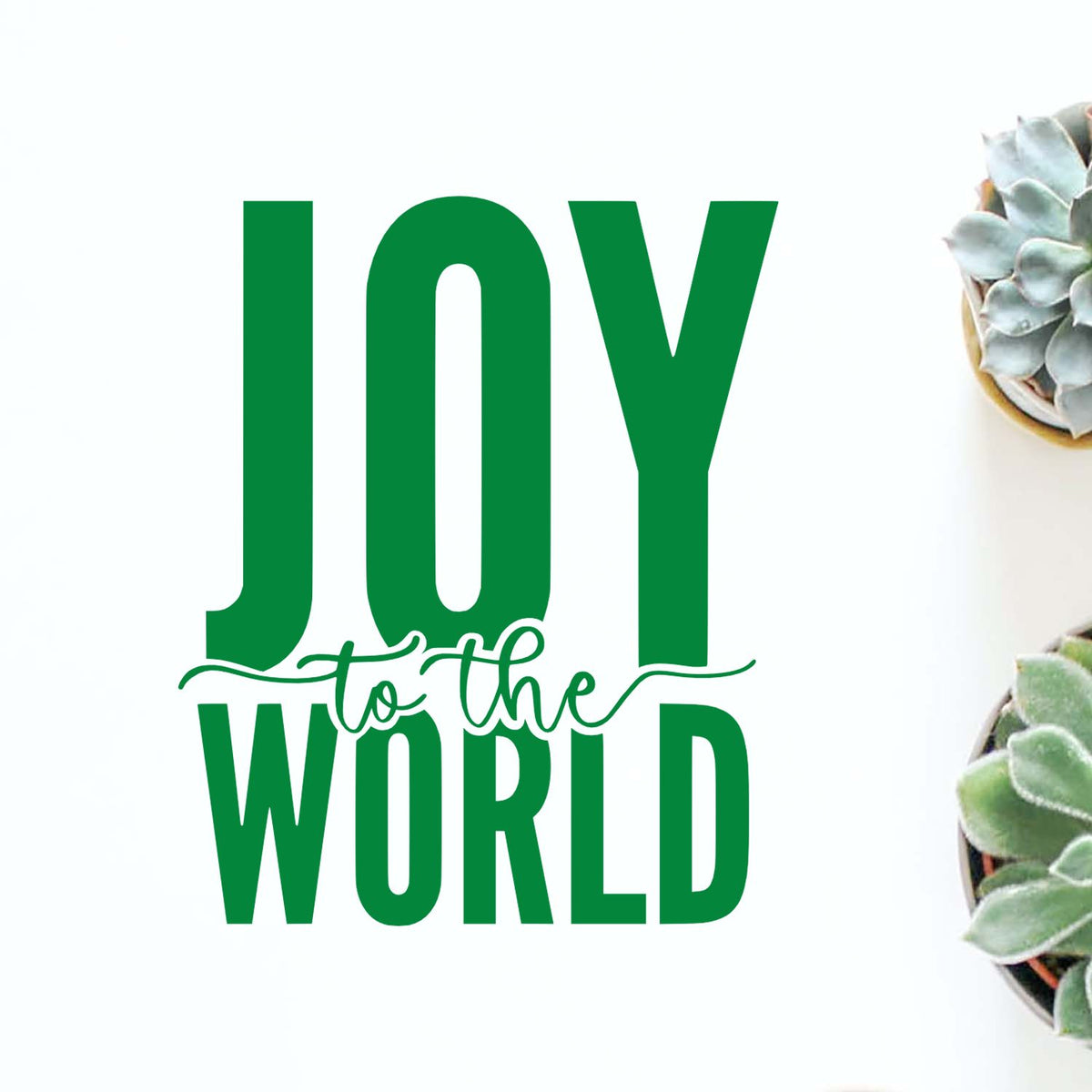 Green holiday stamp and seal design reading Joy to the World with bold green lettering and succulent accents on white.
