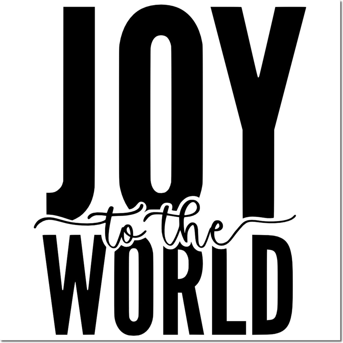 Black JOY to the World stamp seal design with bold black block letters and cursive script on a white background.