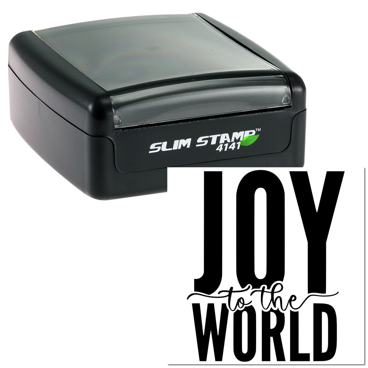 Black slim self-inking stamp with gray top, featuring a bold JOY to the WORLD seal design.