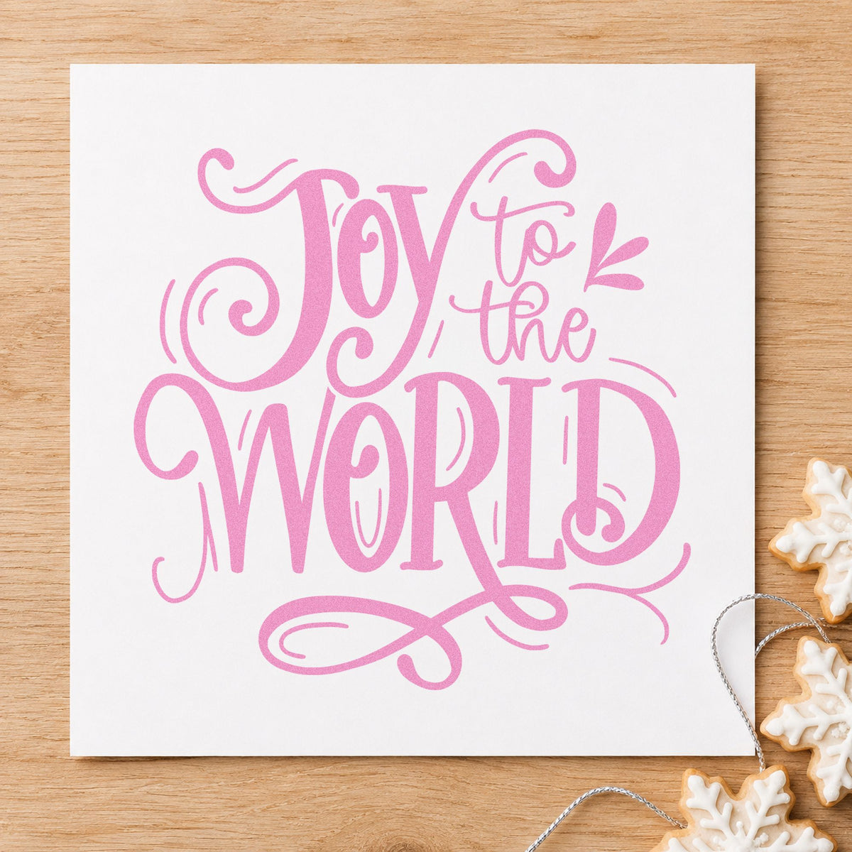 Joy To The World Ornate craft stamp in purple ink on cardstock, an easy option for hymn study album.