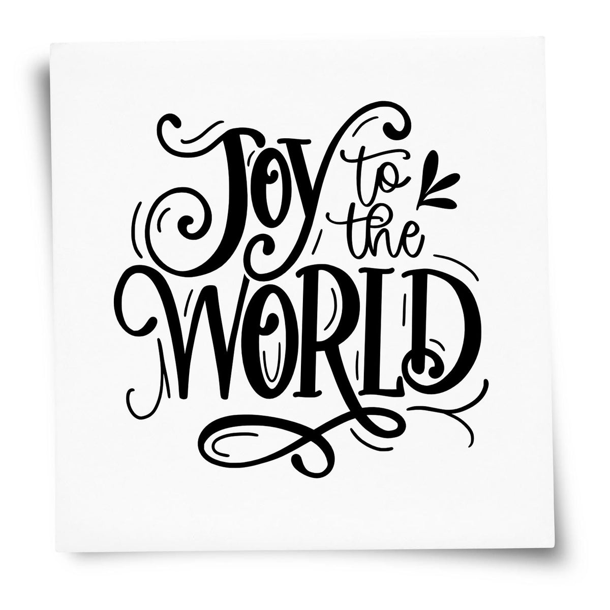 Black decorative Joy to the World stamp seal on a white square card with ornate swirls and flourishes.
