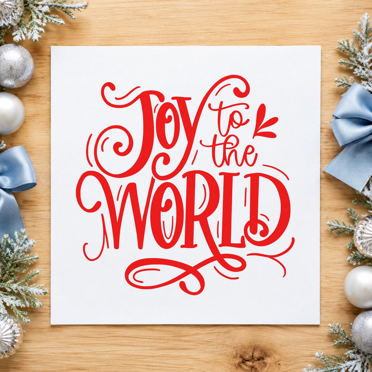 Joy To The World Ornate rubber stamp shown in red ink, stamped for projects such as score folder labels.