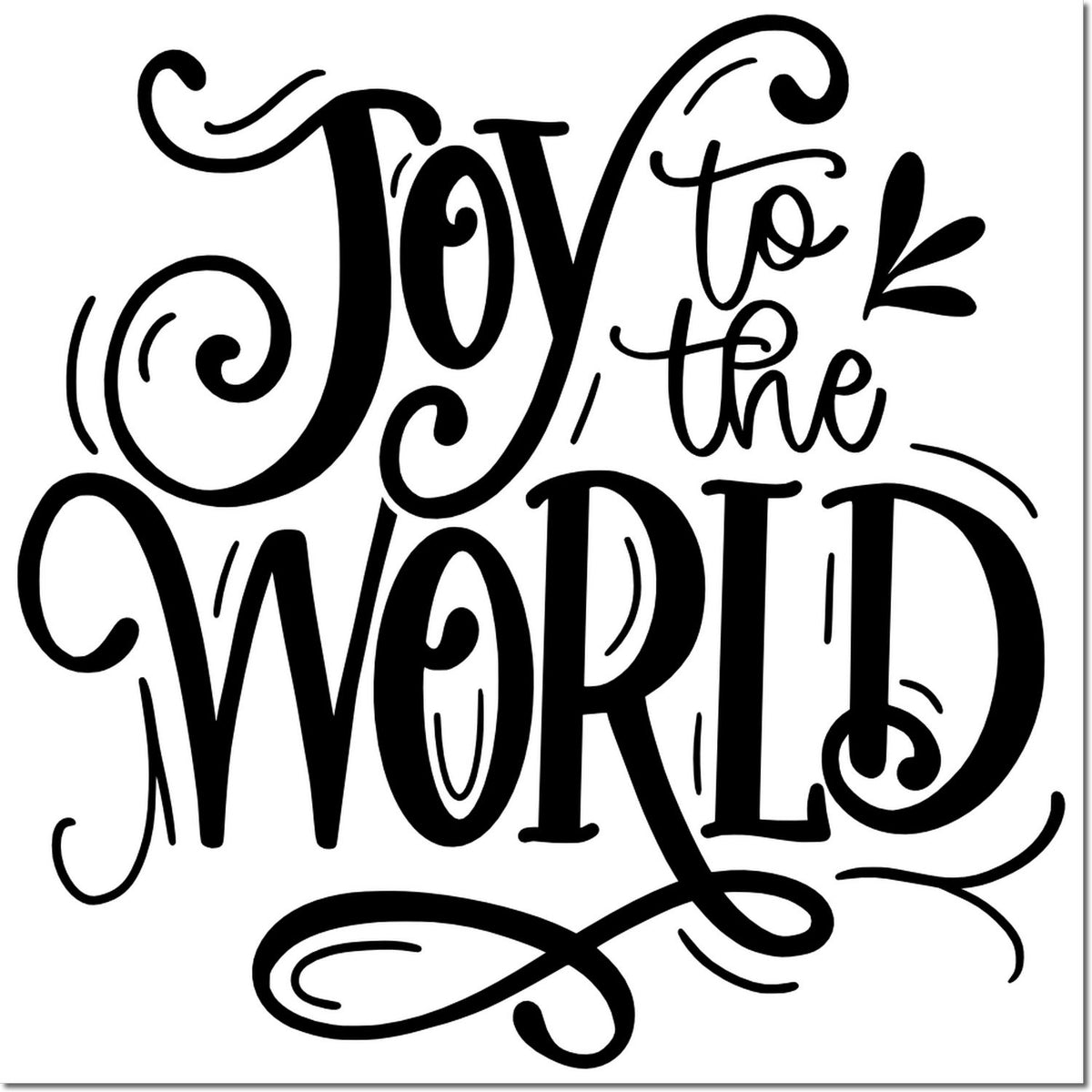 Black decorative holiday stamp seal reading Joy to the World with swirls on a white background.