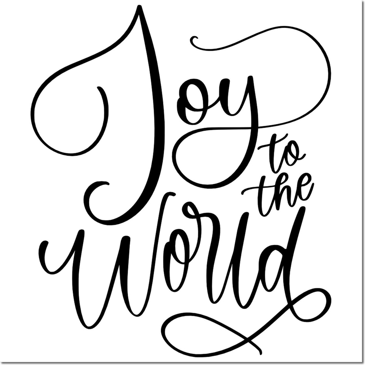 Black decorative stamp seal with script text Joy to the World on a white background.