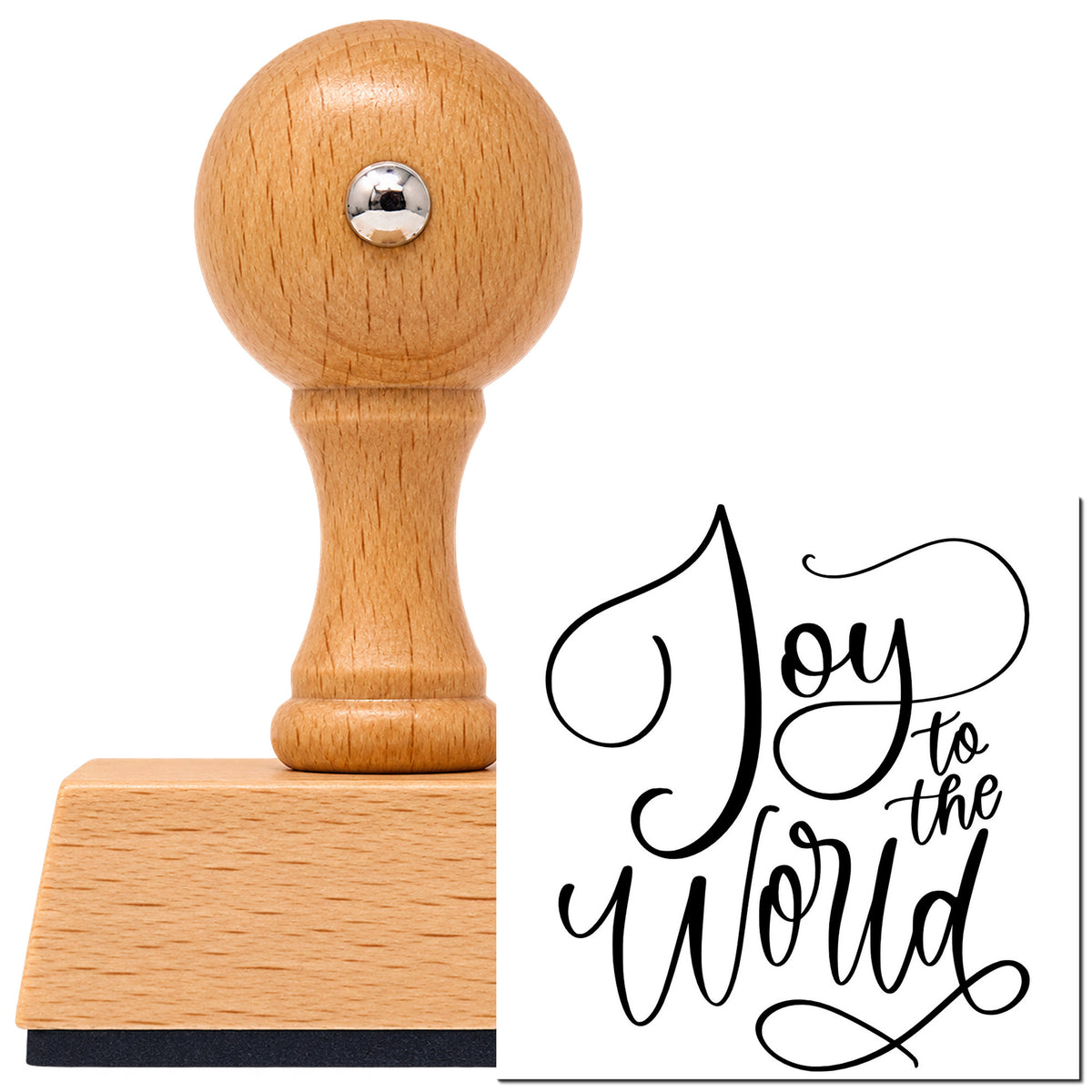 Vintage Pro beech wood stamp with a round knob handle, shown with its black Joy To The World Thin Script Lettering imprint on white.