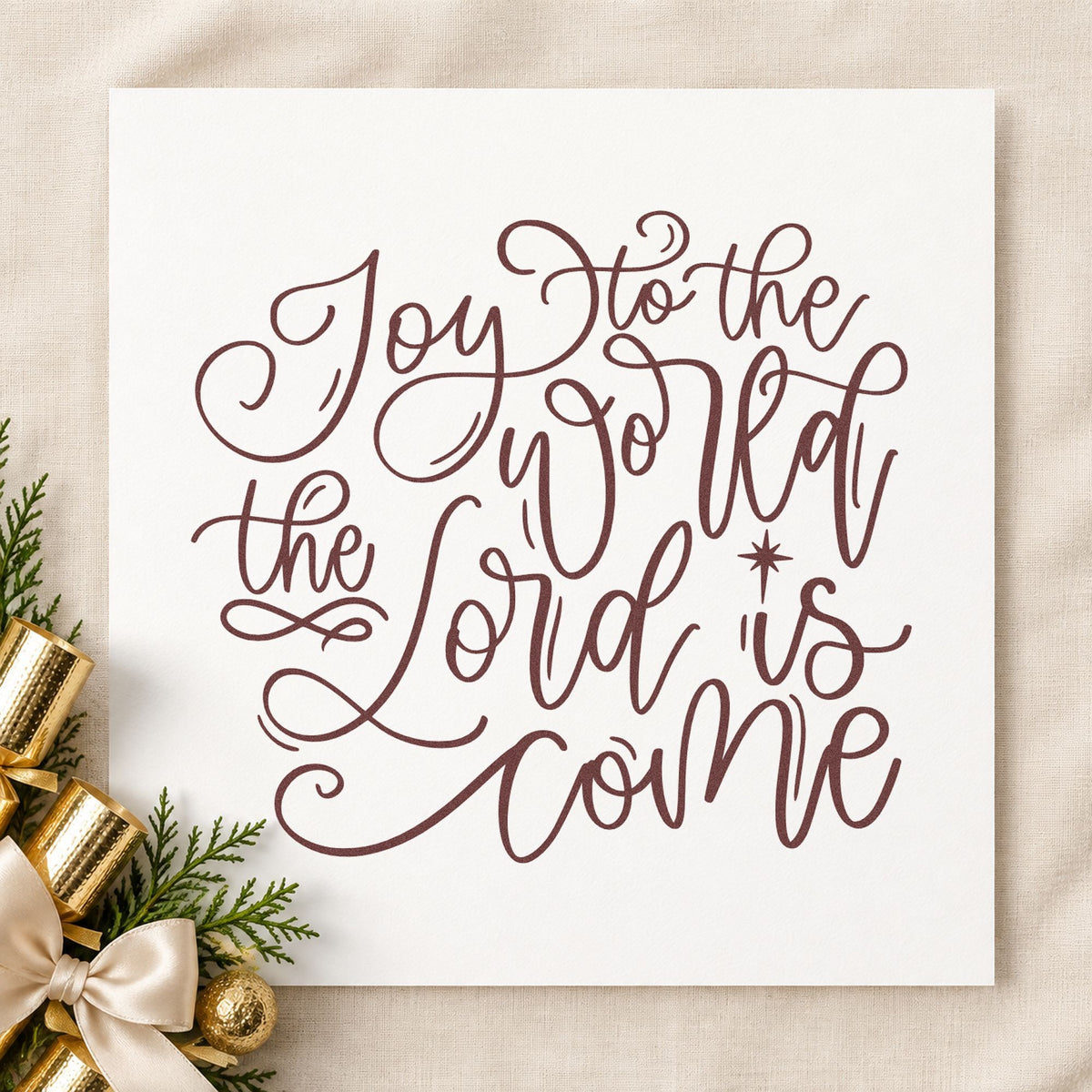 Joy World Lord Is Come rubber stamp printed in brown ink, ready for copywork practice sheet and similar paper crafts.