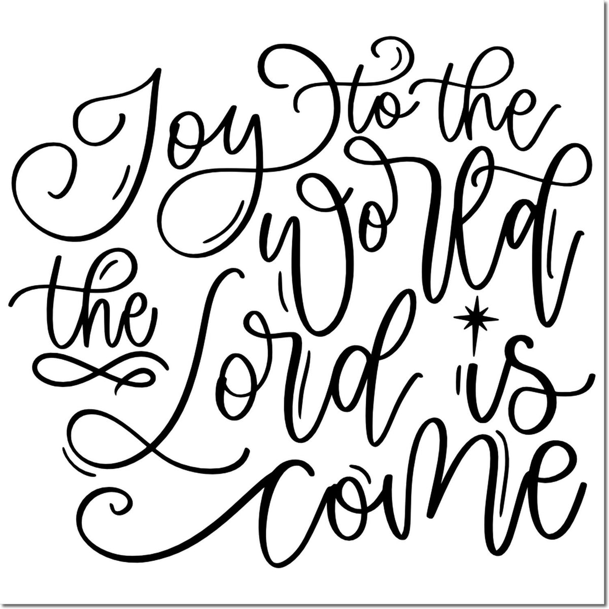 Decorative black script stamp and seal design reading Joy to the World with star accent.