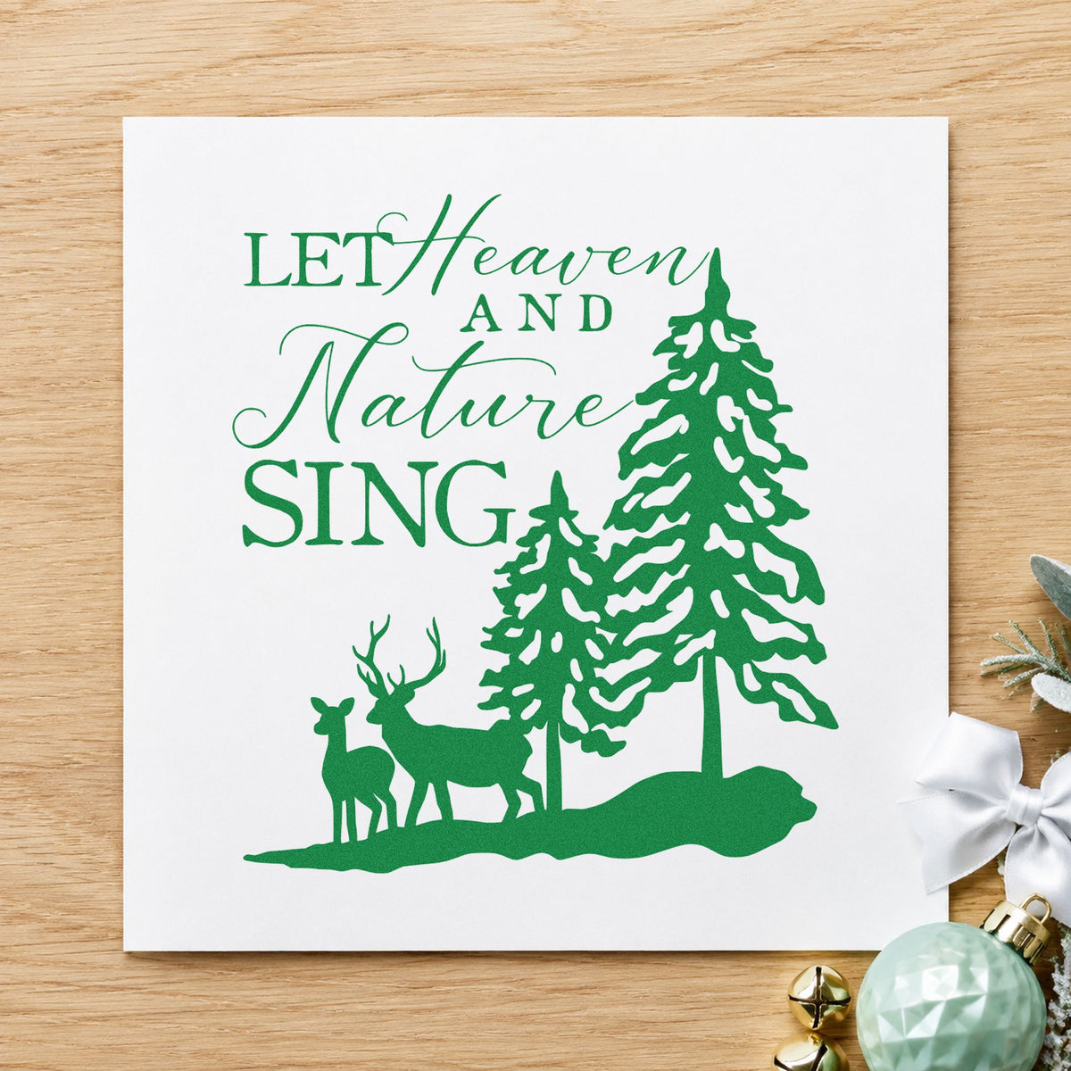 Heaven Nature Sing Deer craft stamp imprint in green ink on a handmade project, one idea being birdseed bag tags.