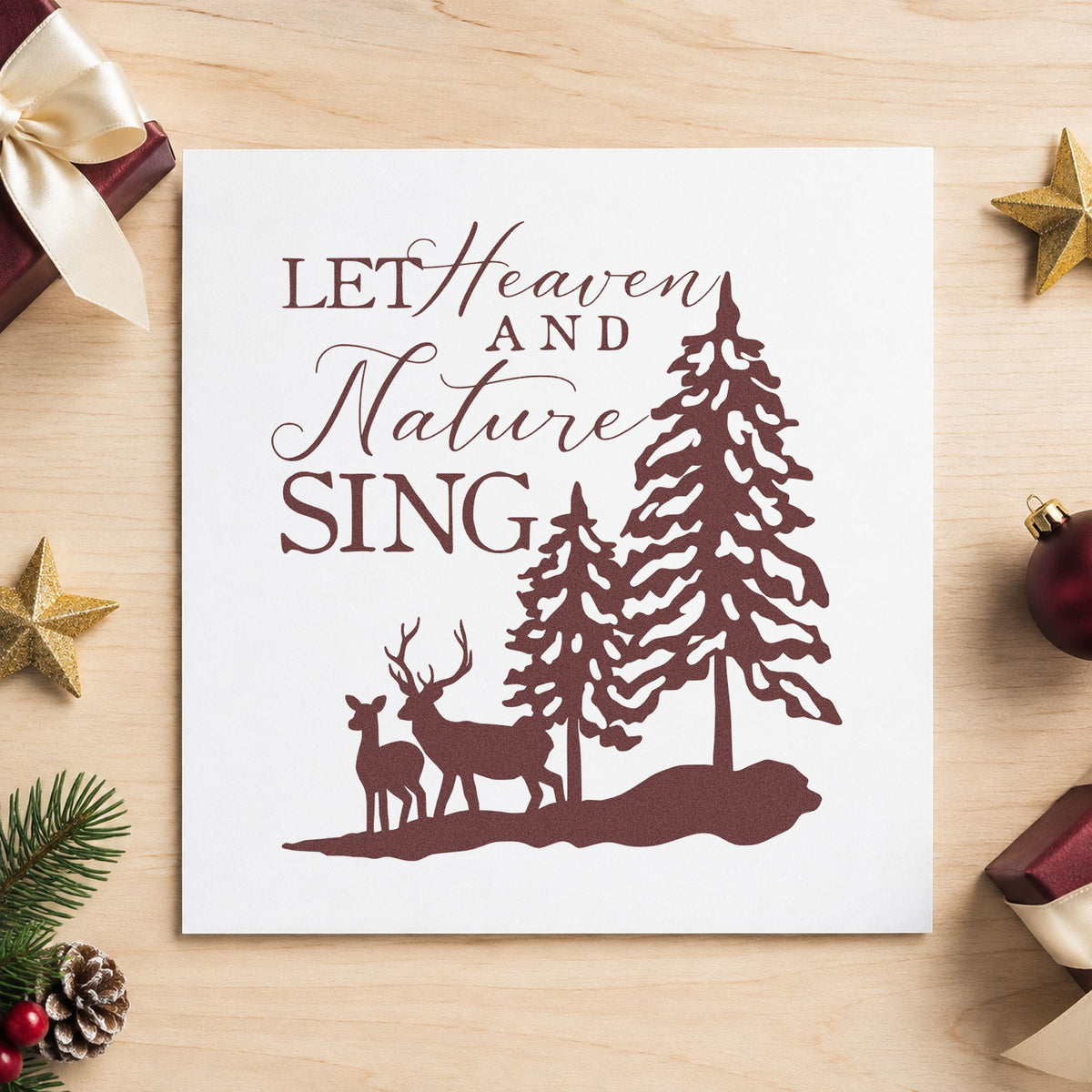 Heaven Nature Sing Deer rubber stamp printed in brown ink, ready for trail journal header and similar paper crafts.