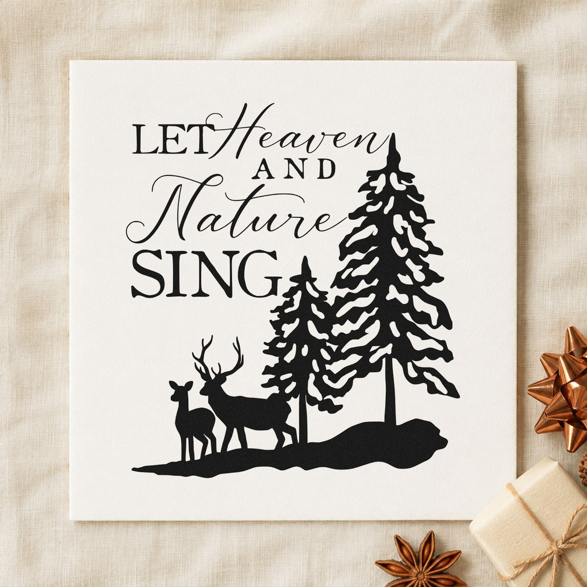 Heaven Nature Sing Deer rubber stamp printed in black ink, ready for pines and deer cards and similar paper crafts.