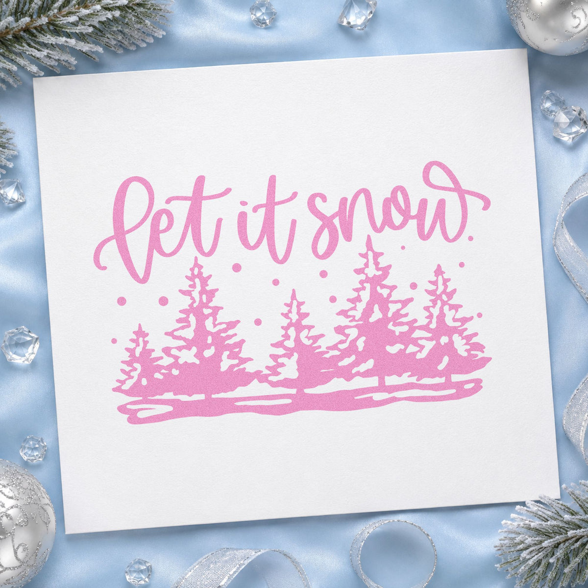 Let It Snow Pine Forest craft stamp in purple ink on cardstock, an easy option for tree farm album page.