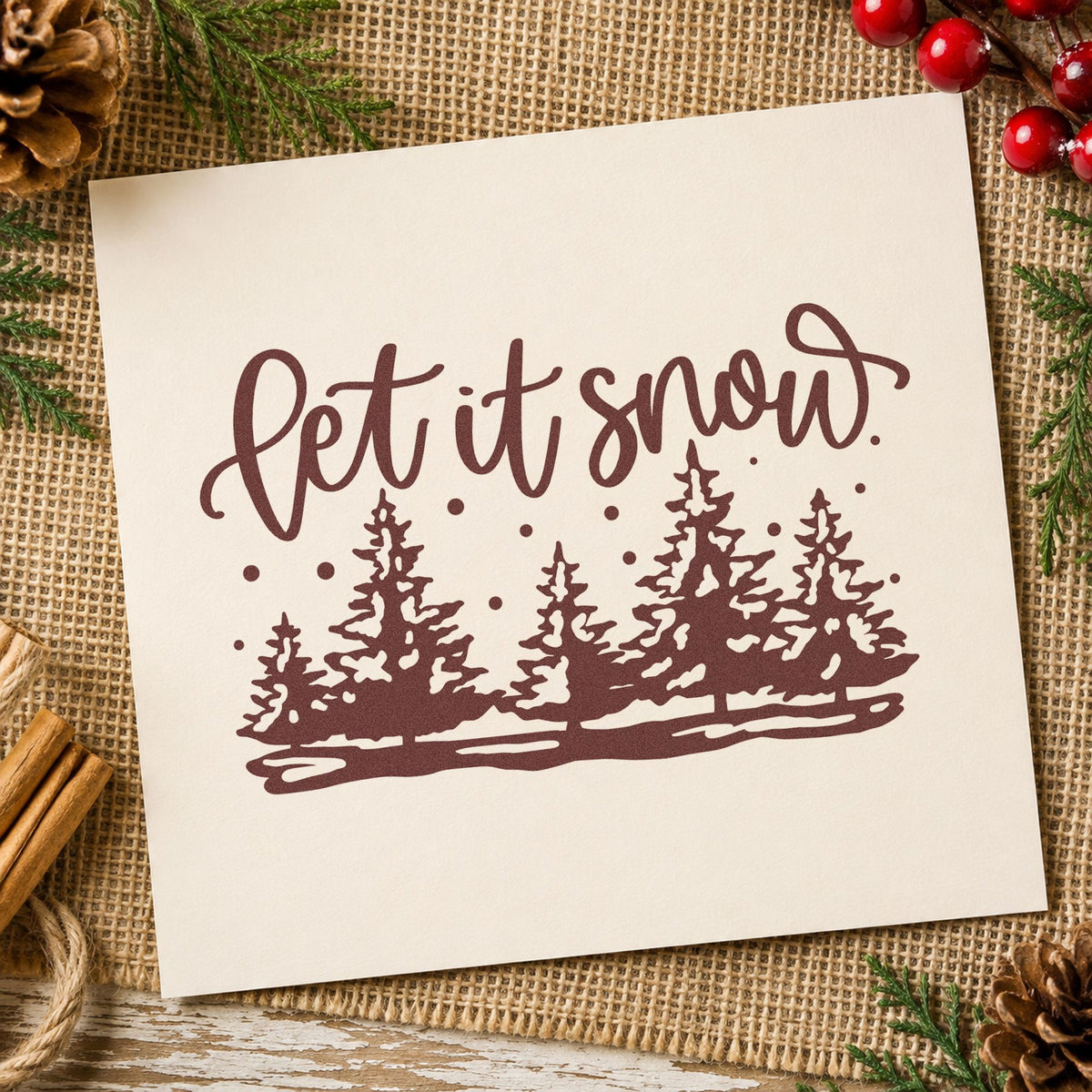 Let It Snow Pine Forest rubber stamp printed in brown ink, ready for lot inventory sheet and similar paper crafts.