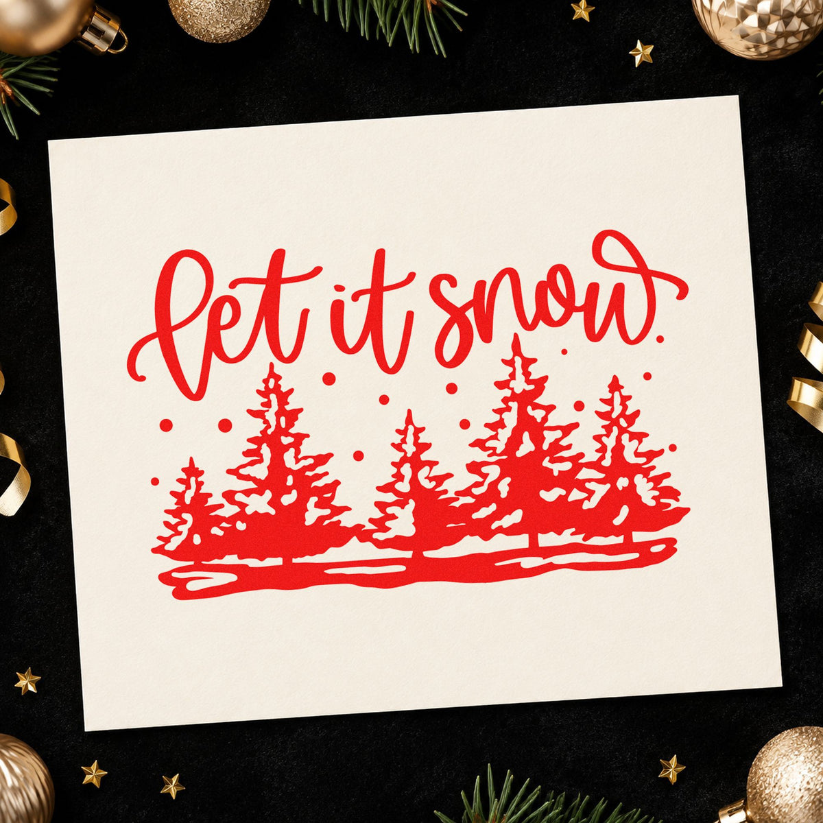 Let It Snow Pine Forest craft stamp in red ink on cardstock, an easy option for burlap wrap printing.