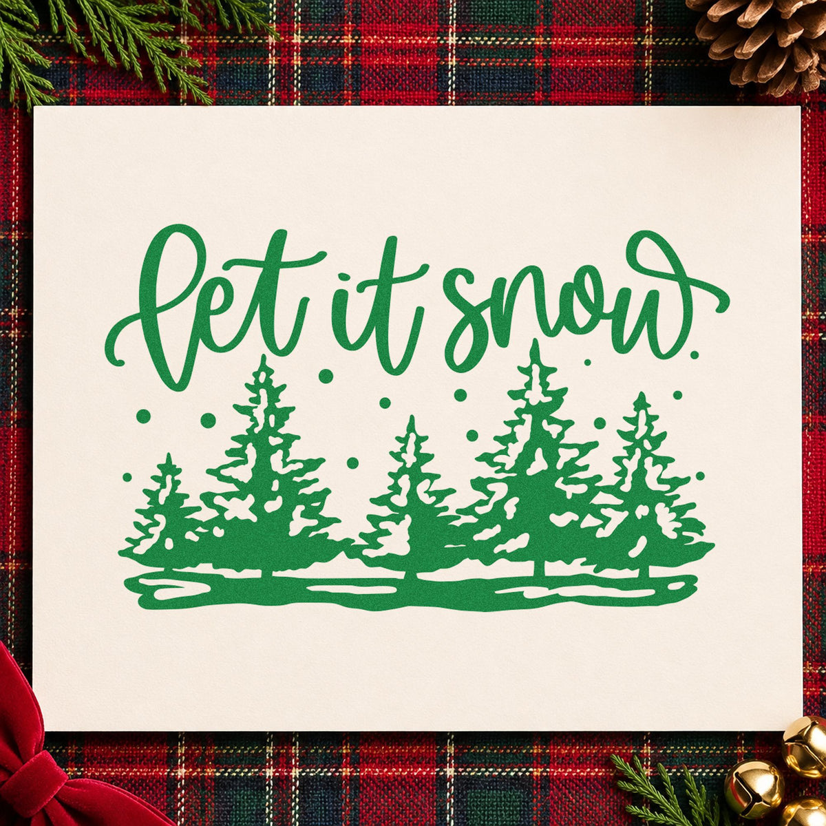 Let It Snow Pine Forest craft stamp imprint in green ink on a handmade project, one idea being farm stand signs.