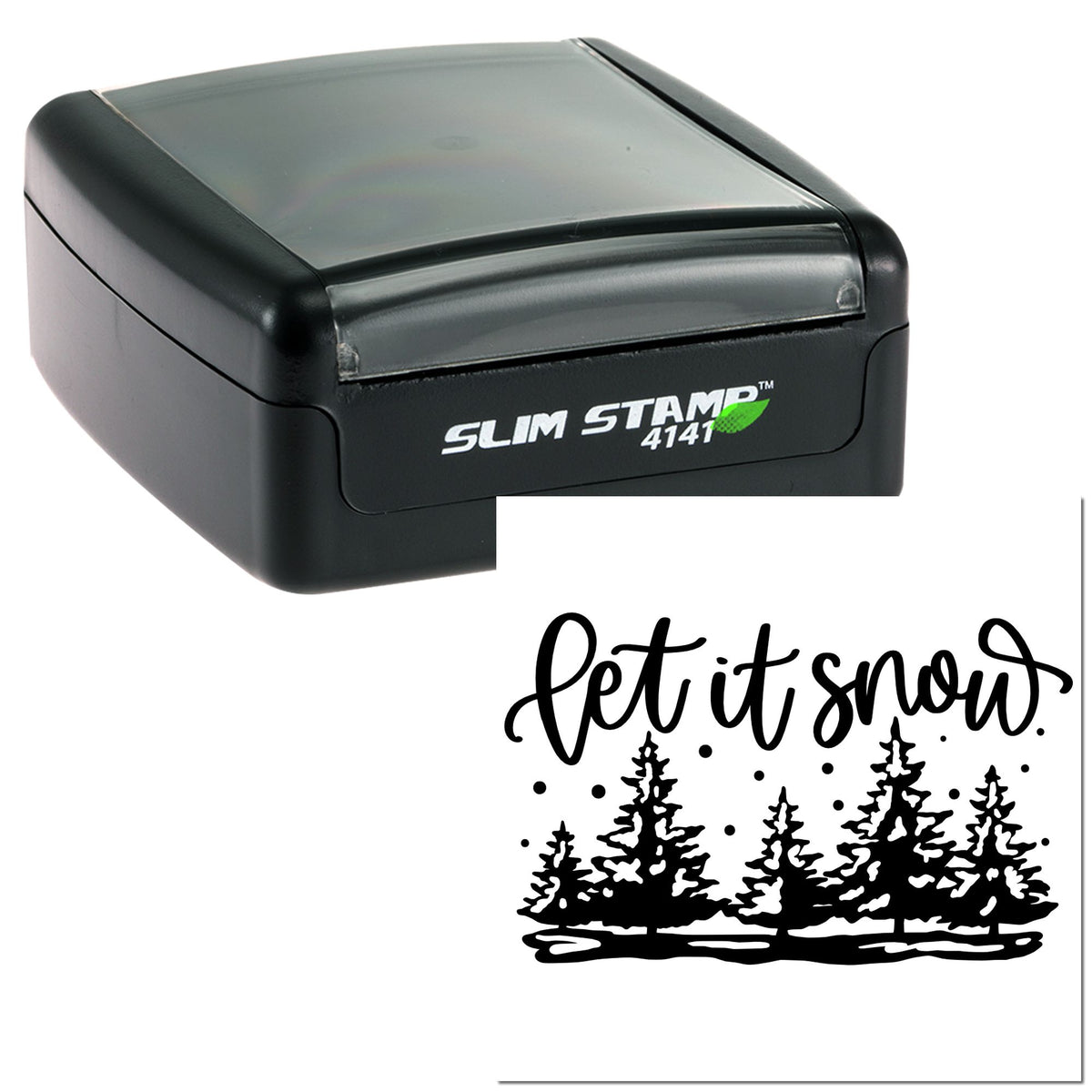 Black Slim Stamp 4141 self-inking stamp and seal with Let it snow tree design impression.