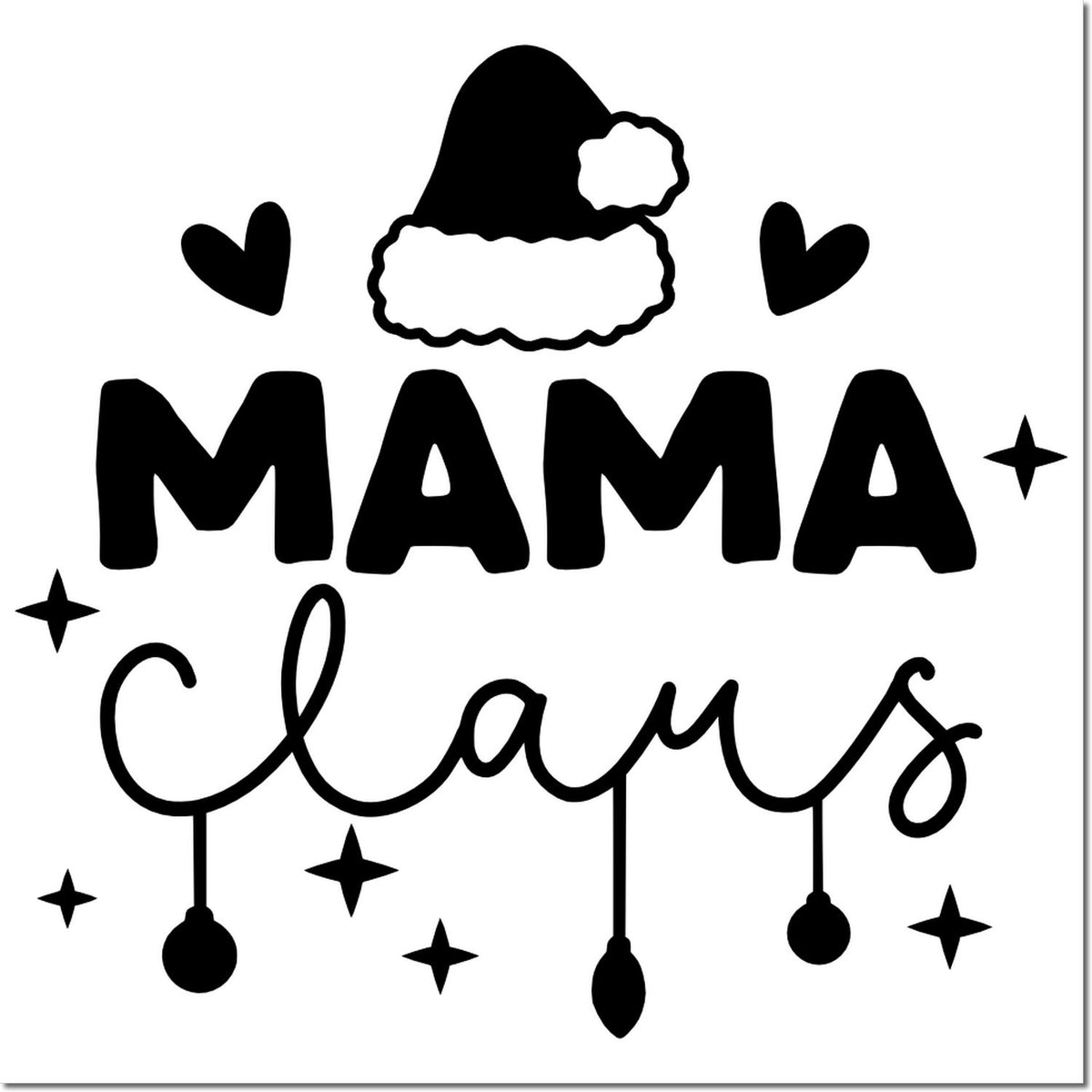 Black Mama Claus stamp and seal design with Santa hat, hearts and stars on white background.