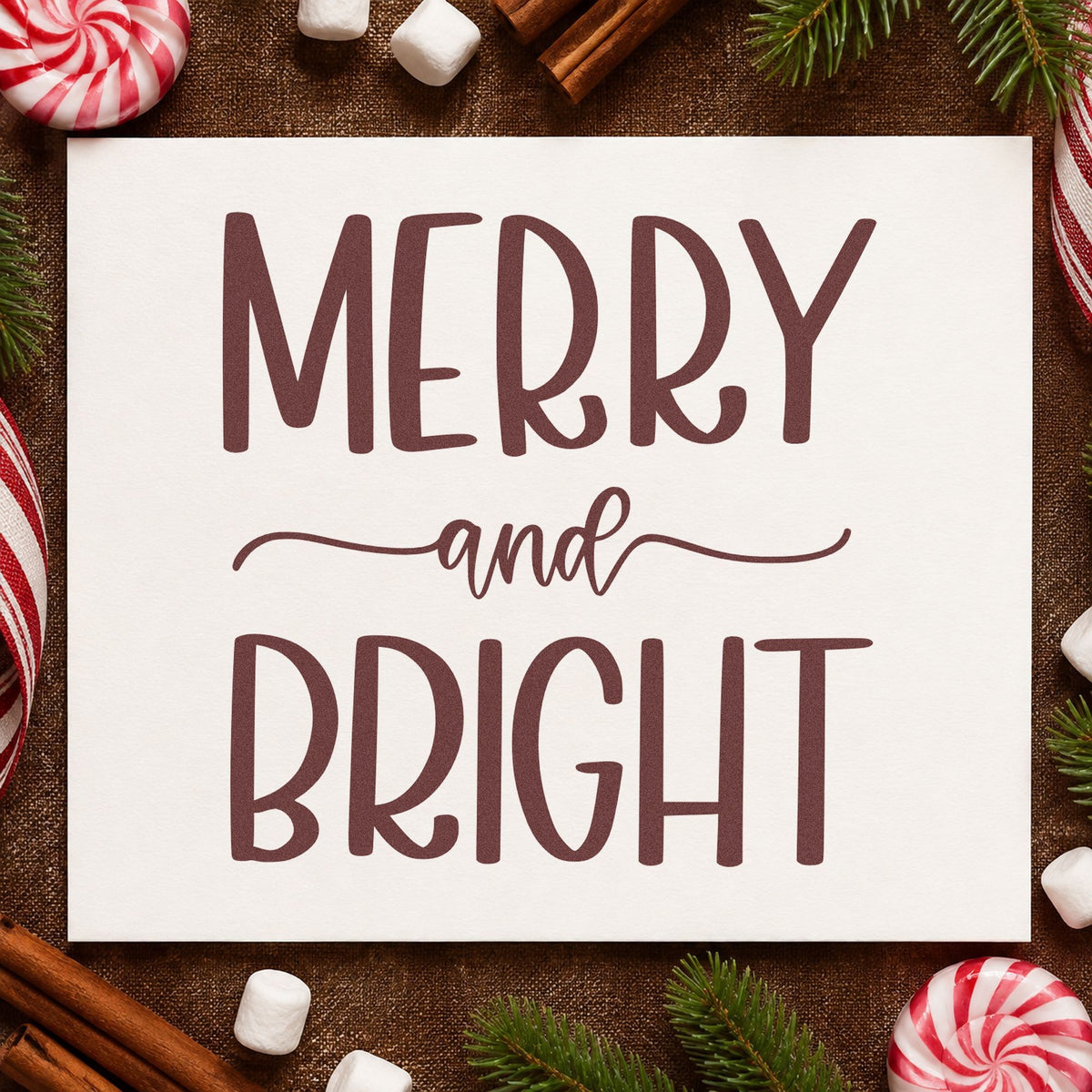 Merry And Bright Simple rubber stamp printed in brown ink, ready for ledger column header and similar paper crafts.