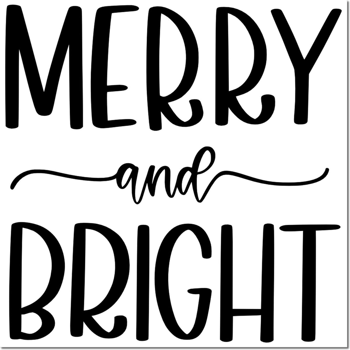 Black Merry and Bright stamp design in bold playful lettering on white, for holiday seals and stamps.