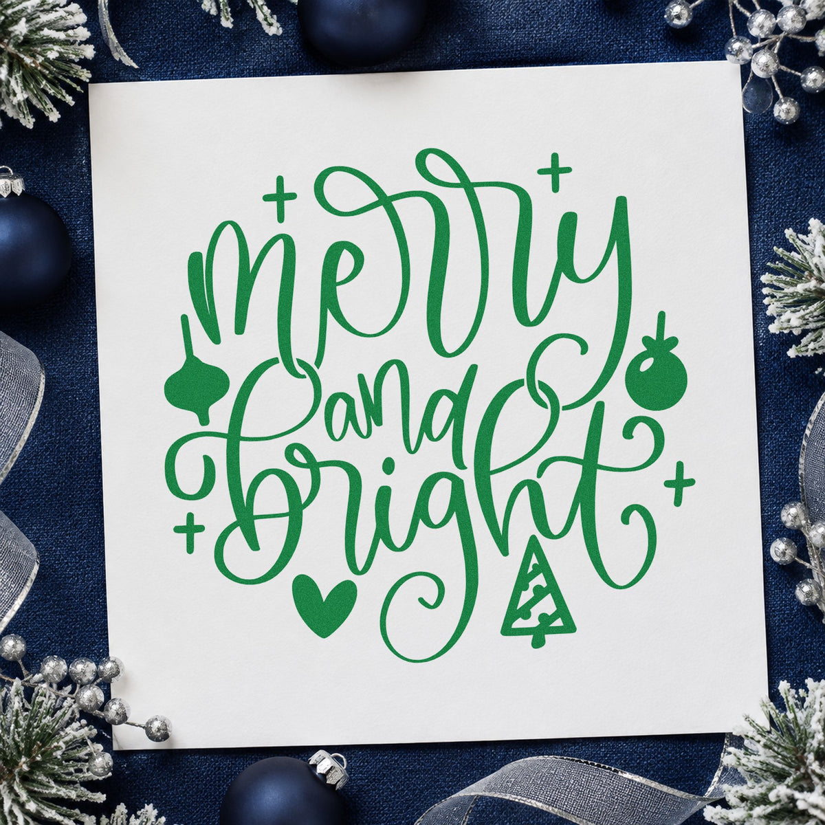 Merry And Bright Ornaments craft stamp imprint in green ink on a handmade project, one idea being handmade booth tags.