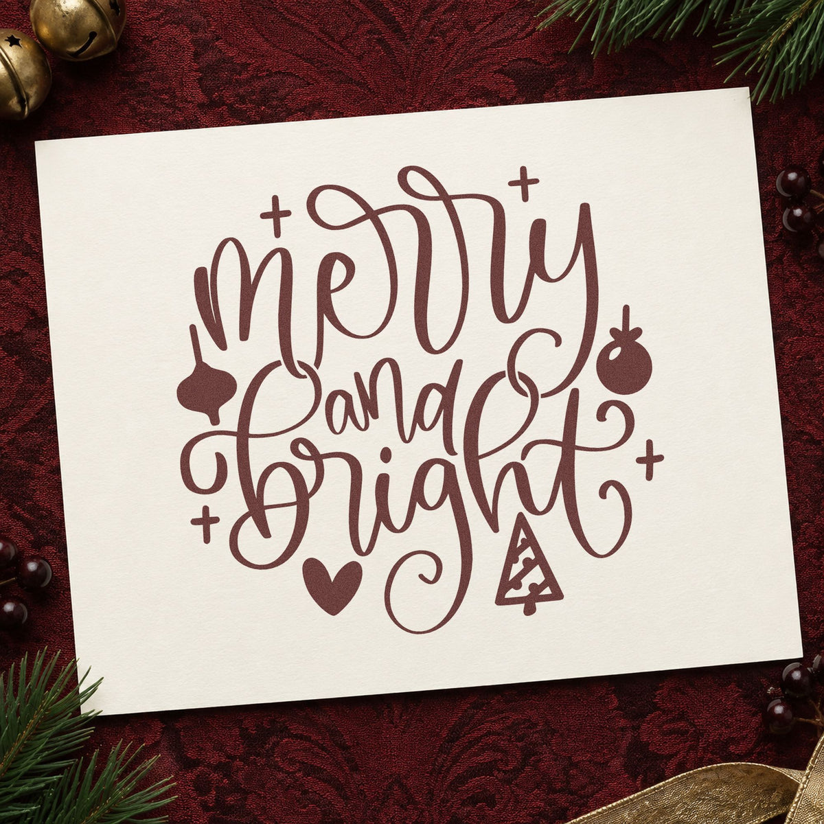 Merry And Bright Ornaments rubber stamp printed in brown ink, ready for project list sheet and similar paper crafts.