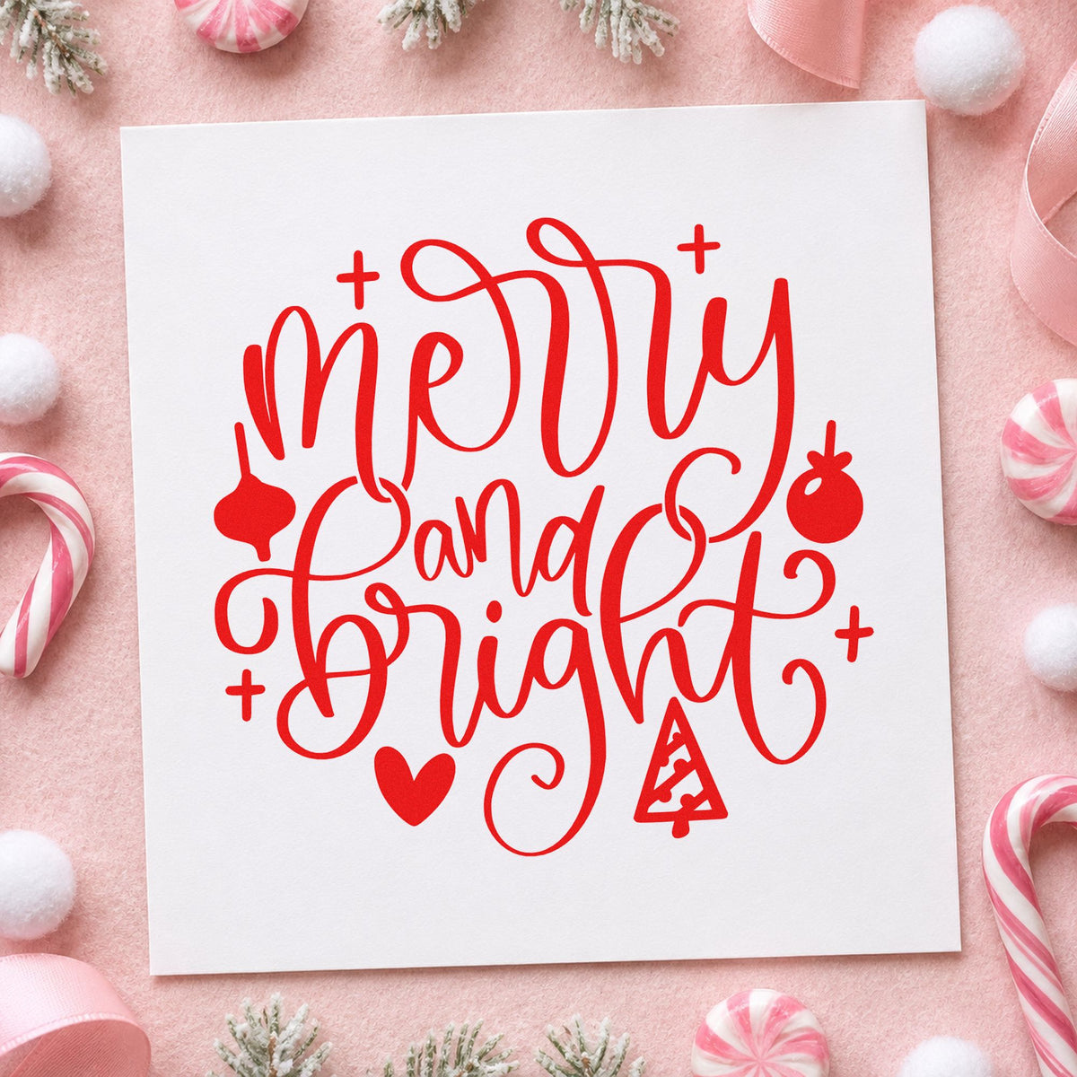 Merry And Bright Ornaments craft stamp in red ink on cardstock, an easy option for felt banner printing.