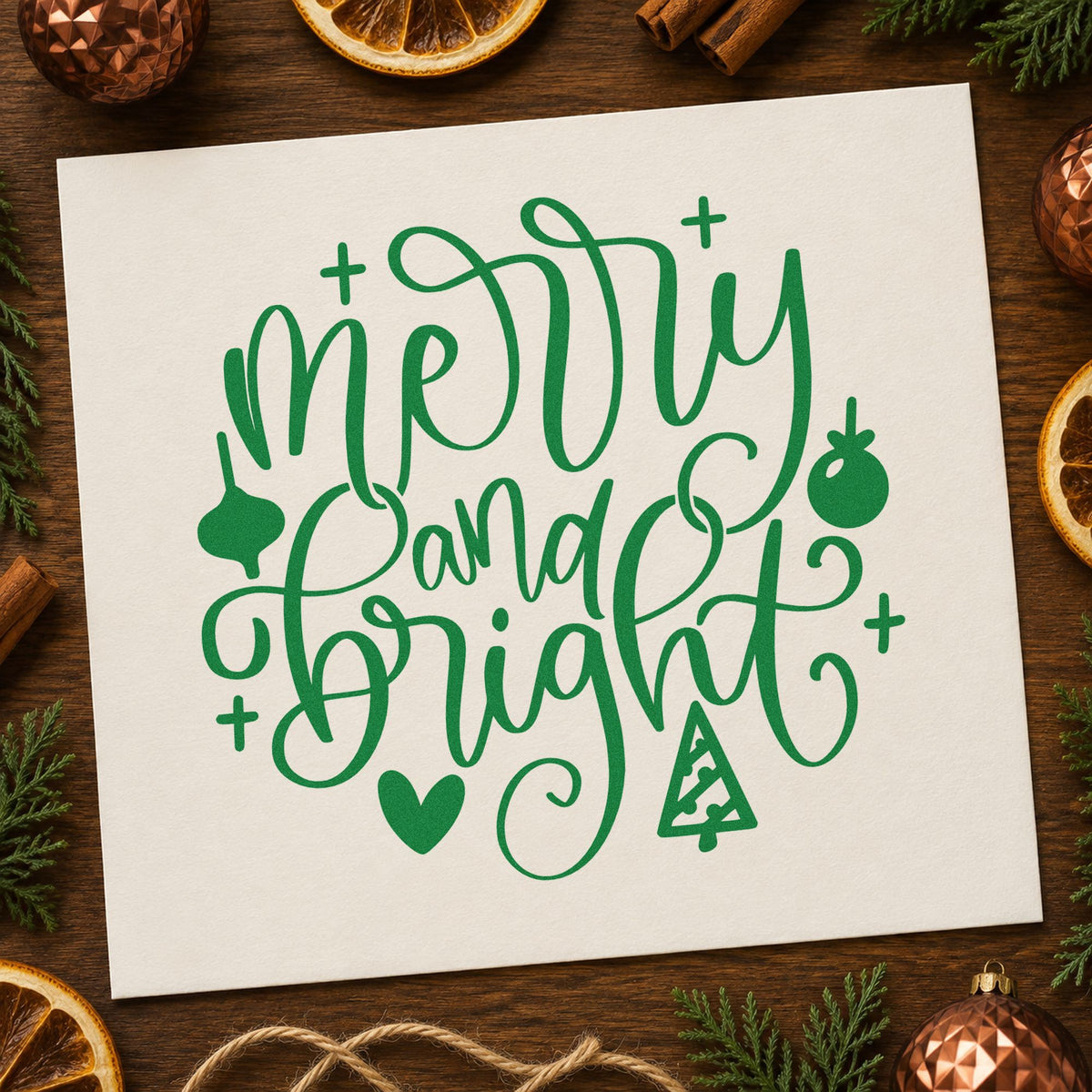 Merry And Bright Ornaments craft stamp imprinted in green ink on paper, a design suited to framed craft room wall.