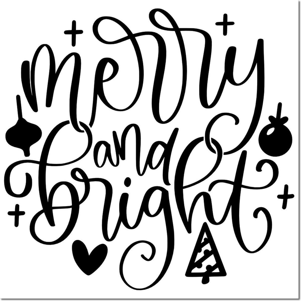 Black Merry and Bright calligraphy stamp/seal design with heart, tree, and ornament icons on white.