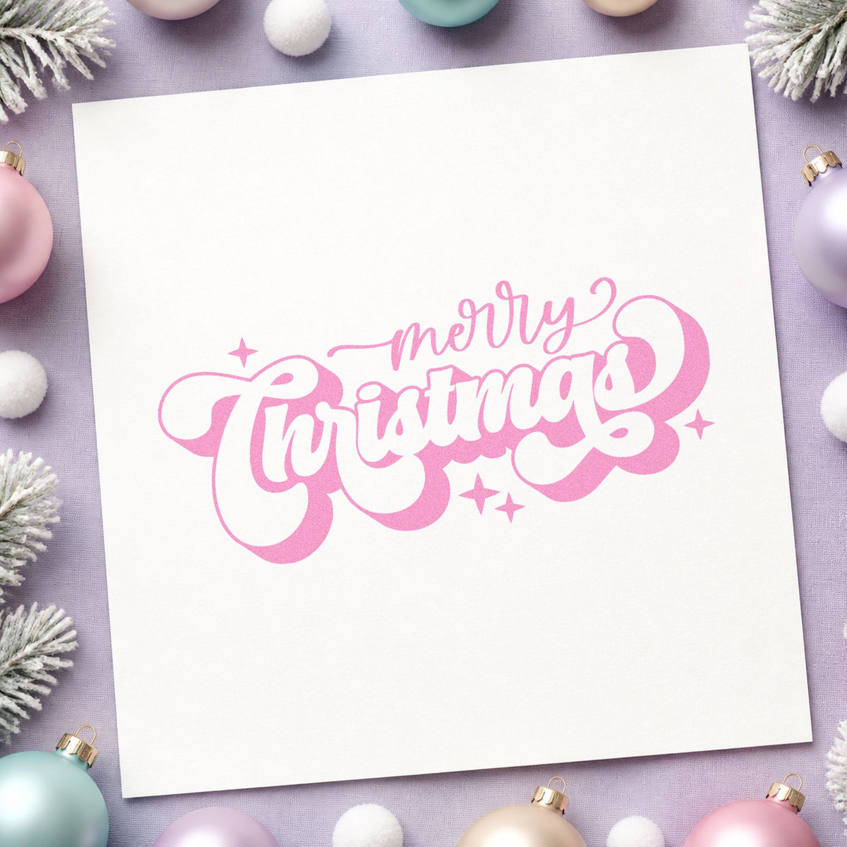 Merry Christmas Shadow Script craft stamp in purple ink on cardstock, an easy option for card log album page.