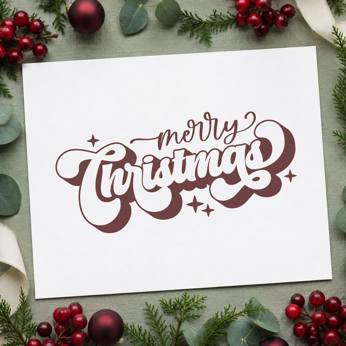 Merry Christmas Shadow Script rubber stamp printed in brown ink, ready for address book header and similar paper crafts.