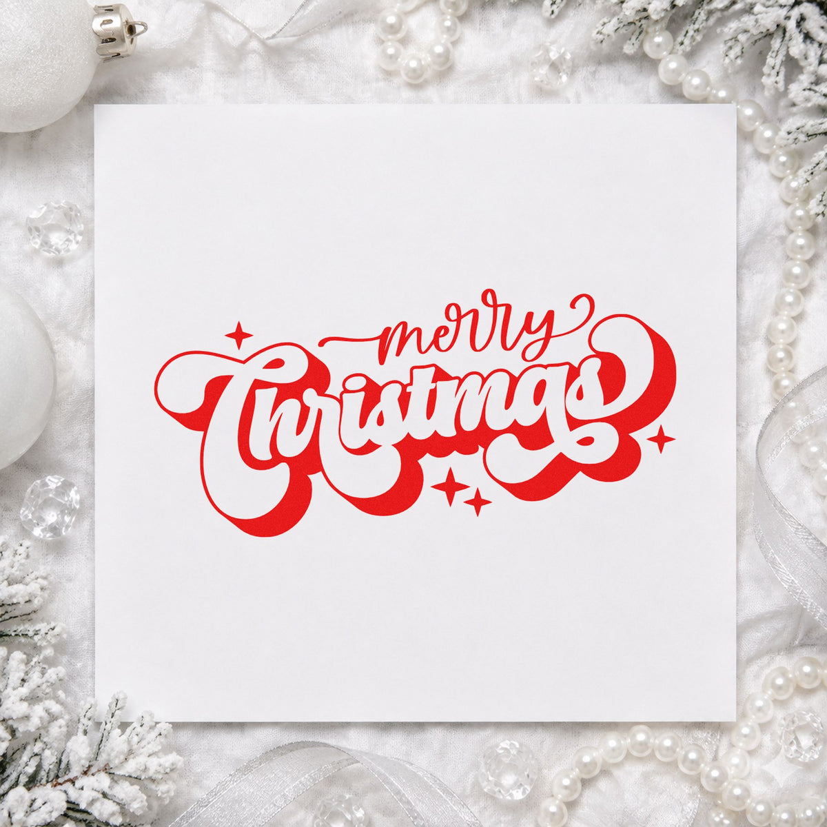 Merry Christmas Shadow Script craft stamp in red ink on cardstock, an easy option for mail bag printing.