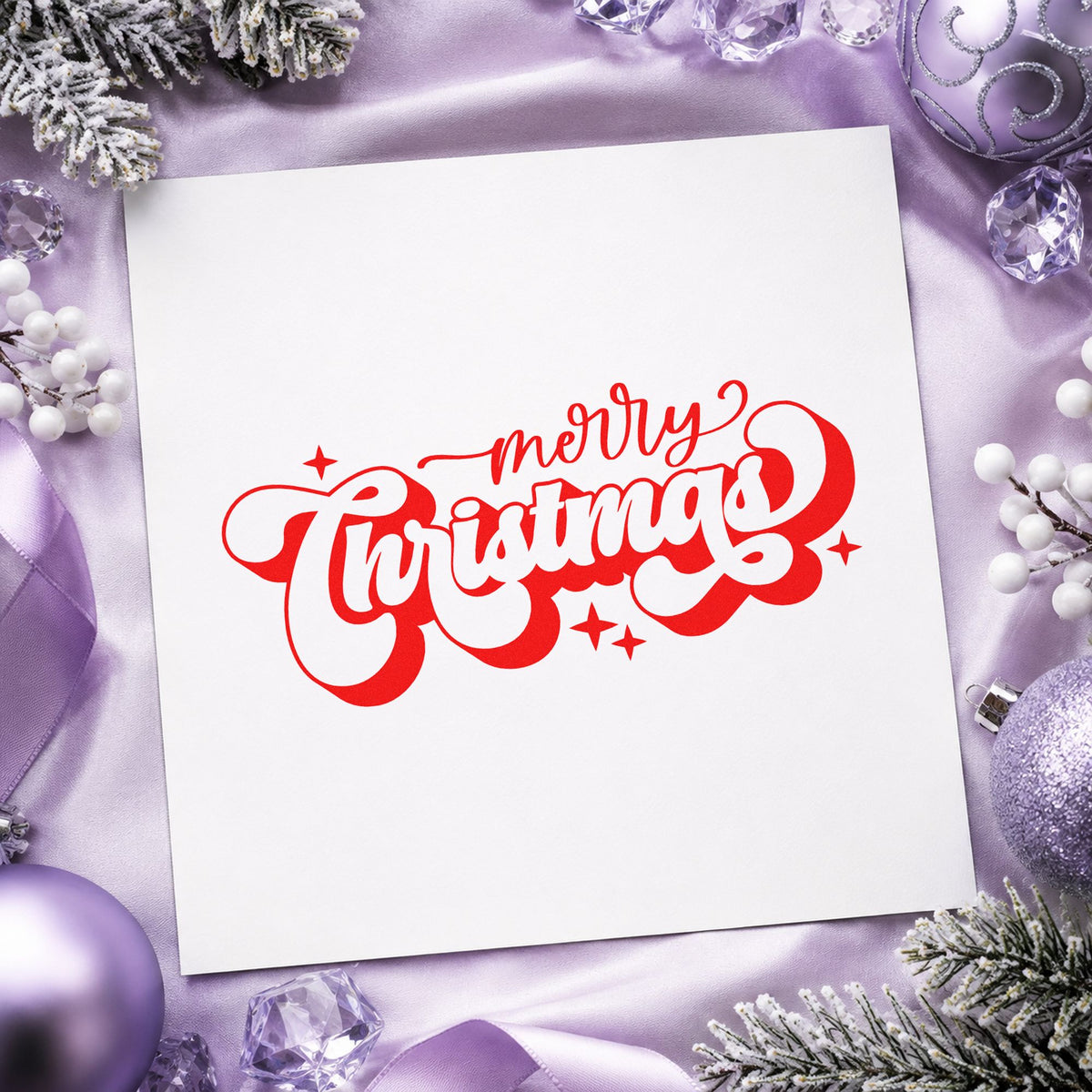 Merry Christmas Shadow Script rubber stamp shown in red ink, stamped for projects such as envelope flap seals.