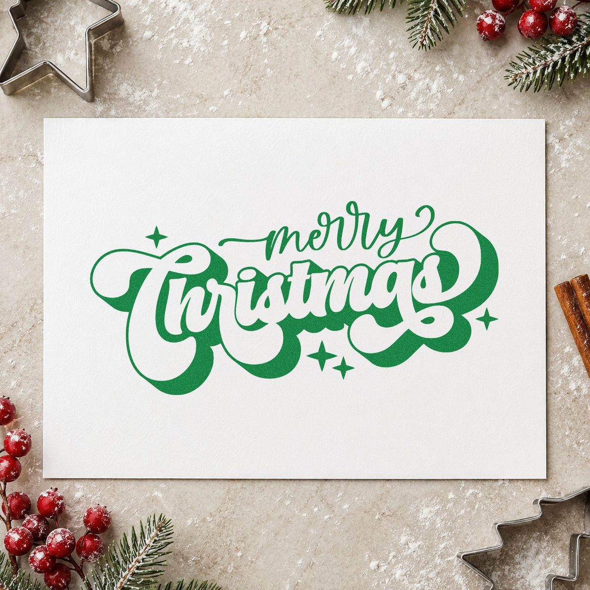 Merry Christmas Shadow Script craft stamp imprint in green ink on a handmade project, one idea being postage sorting trays.