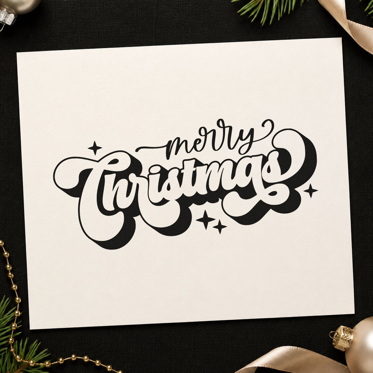 Merry Christmas Shadow Script rubber stamp printed in black ink, ready for layered script cards and similar paper crafts.