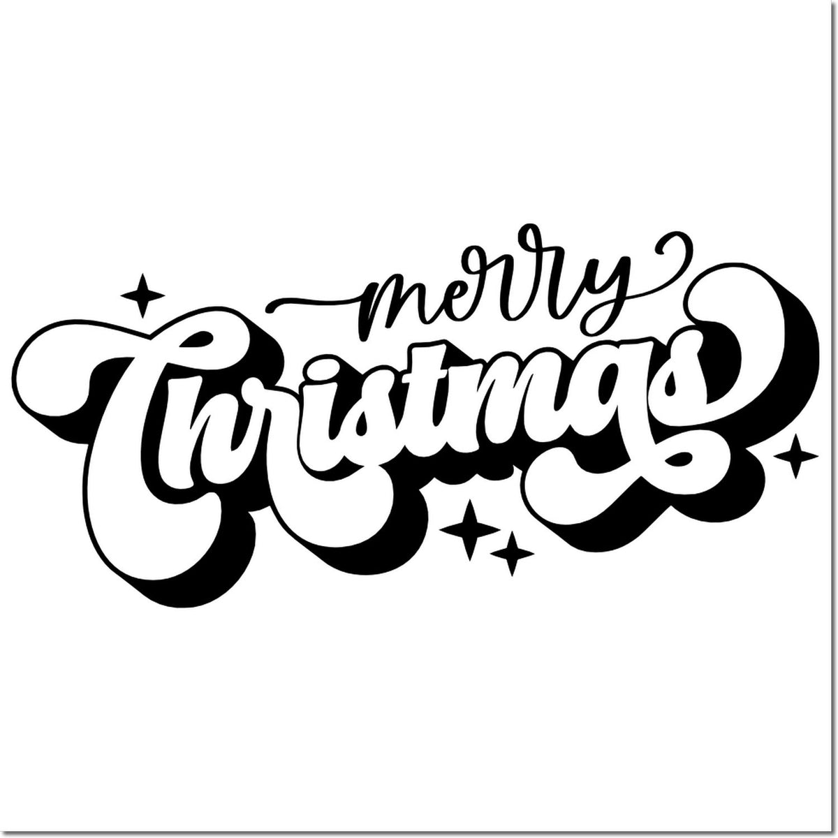 Black-and-white Merry Christmas stamp/seal design with bold script lettering, stars, and decorative swirls.