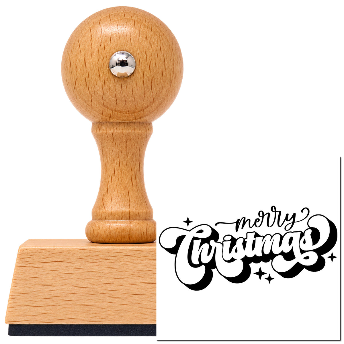 Vintage Pro beech wood stamp with a round knob handle, shown with its black Merry Christmas Shadow Script imprint on white.