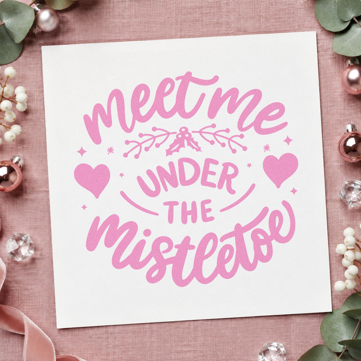 Meet Me Under Mistletoe craft stamp in purple ink on cardstock, an easy option for date night album page.