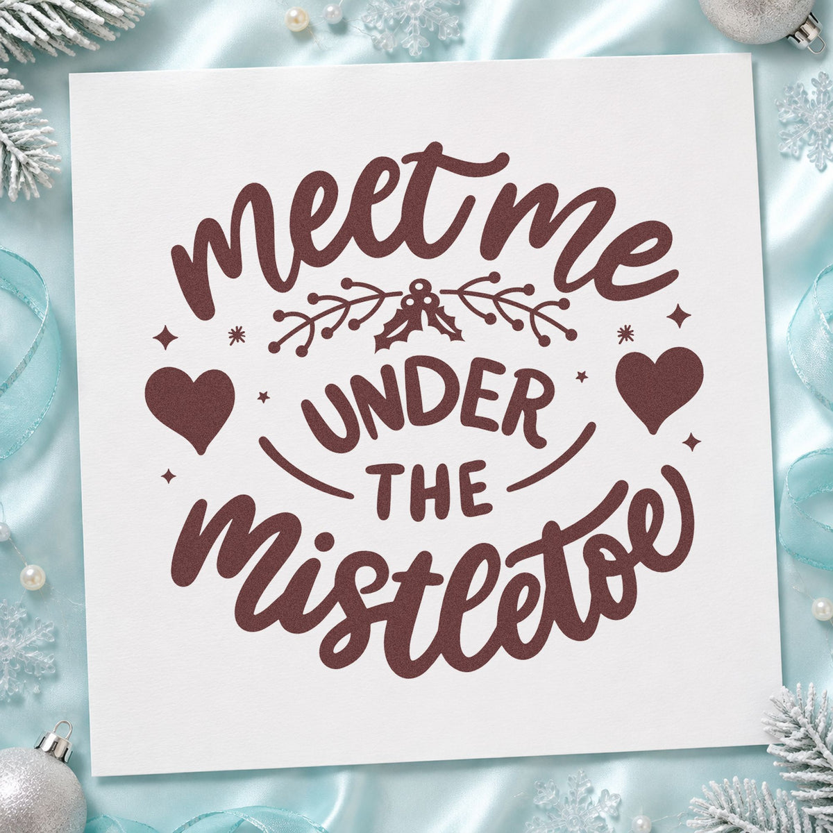 Meet Me Under Mistletoe rubber stamp printed in brown ink, ready for anniversary log page and similar paper crafts.