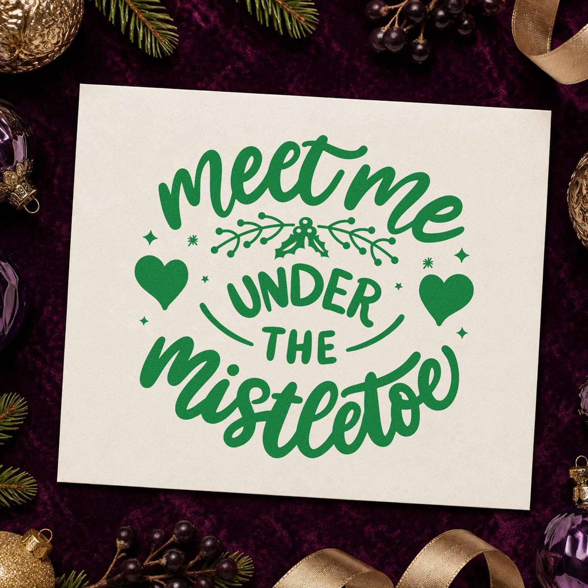 Meet Me Under Mistletoe craft stamp imprinted in green ink on paper, a design suited to framed doorway header.