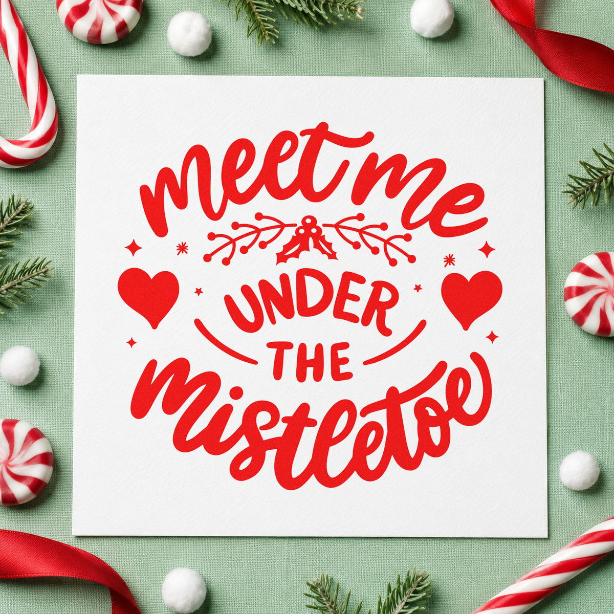 Meet Me Under Mistletoe rubber stamp shown in red ink, stamped for projects such as champagne box seals.