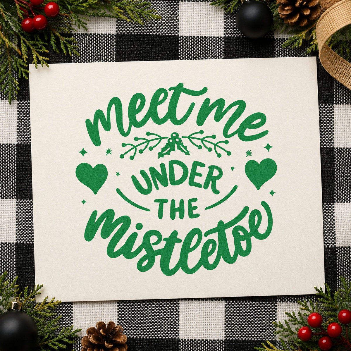 Meet Me Under Mistletoe craft stamp imprint in green ink on a handmade project, one idea being party kiss cam signs.